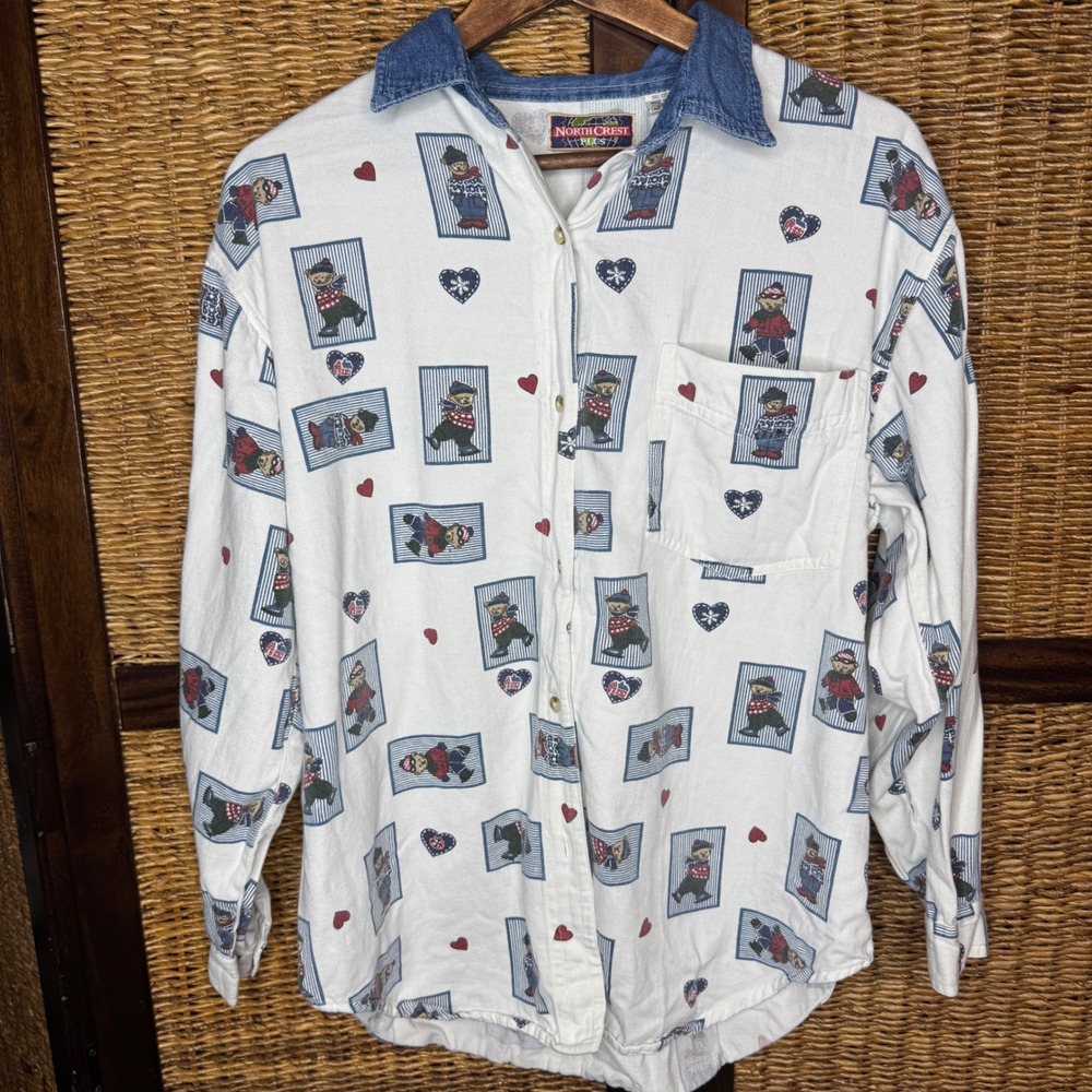Vintage CottageCore Teddy Bear Heart Denim Button Up Collar Shirt 14/16 Grandma